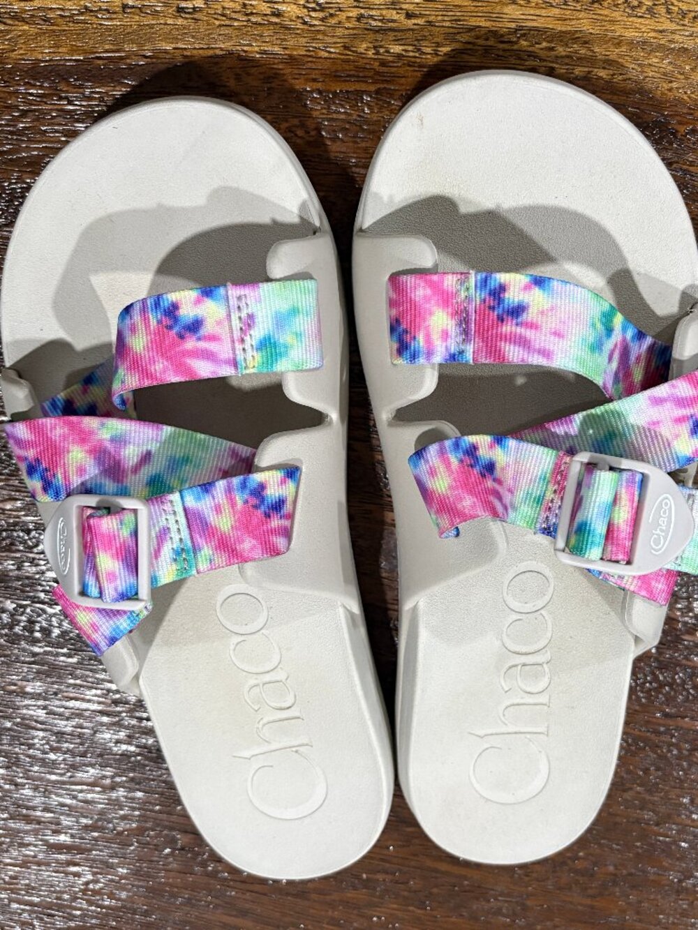 Chaco Ladies Tan slides Tie-Dye Straps sz 10 Slip on Sandals  EUC